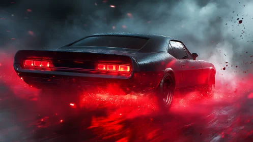 Classic muscle car in red illuminated night roadway haze.