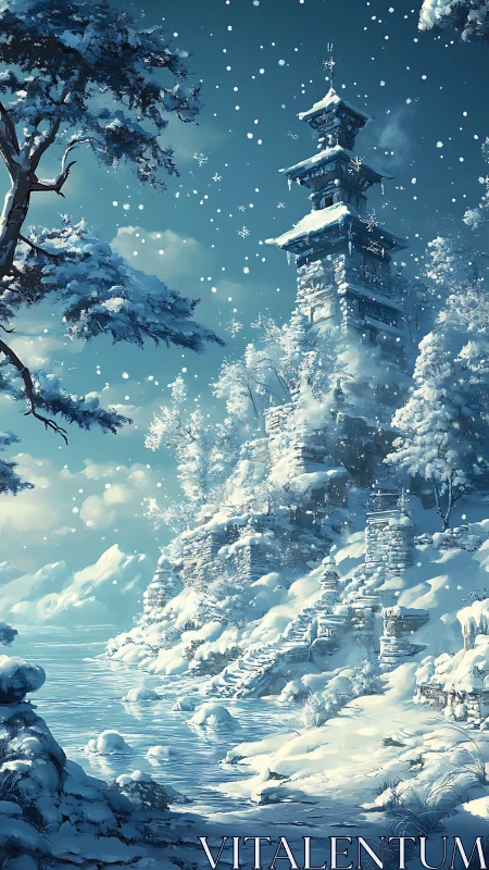 Snow covered pagoda overlooks frozen river under falling snow