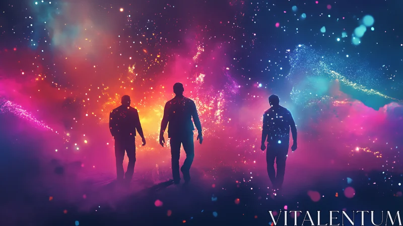 Three silhouettes walk through luminous cosmic nebula field