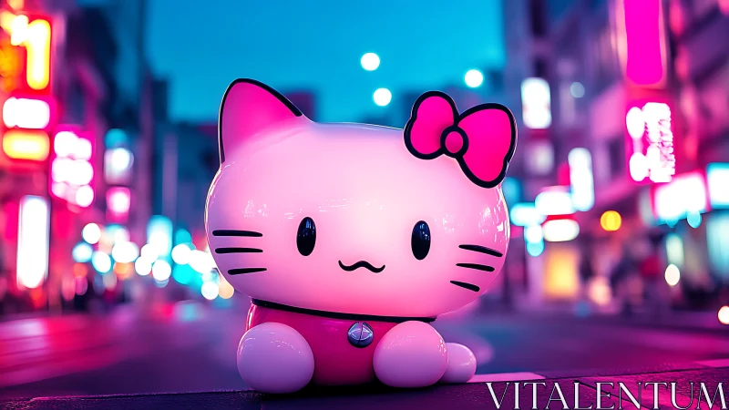 Cartoon cat figurine sits on neon city street at night