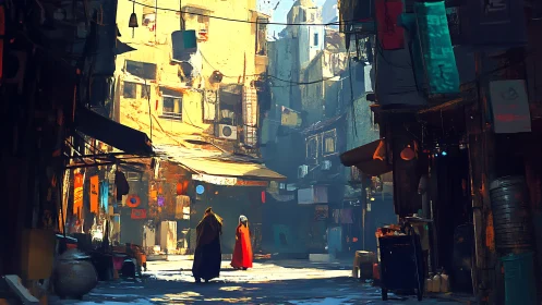 Sunlit alleyway frames two robed figures in vivid contrast.