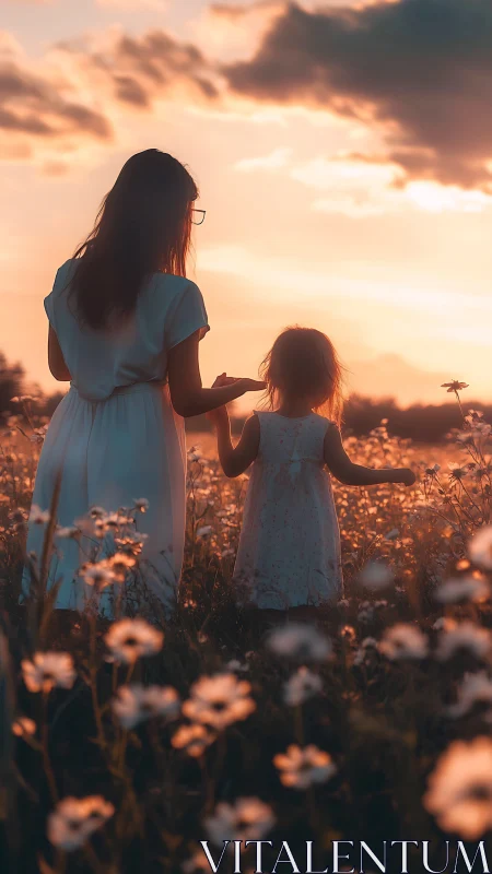 Backlit mother and child in wildflower field at sunset glow