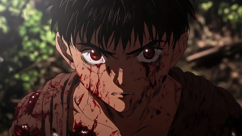 Young warrior’s fierce stare in a forest of turmoil.