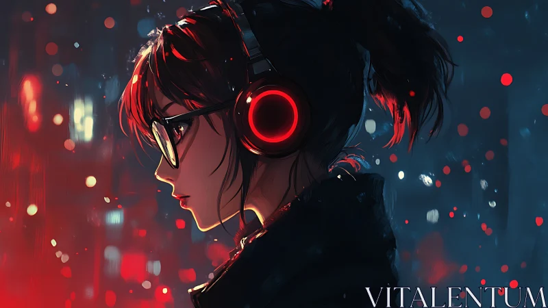 City lights glow softly around a focused girl in red headphones