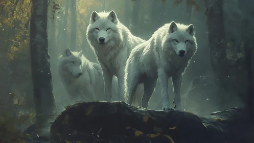 White wolves stand alert on mossy forest outcrop