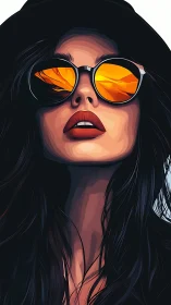 Stylized woman in hat with orange reflective sunglasses