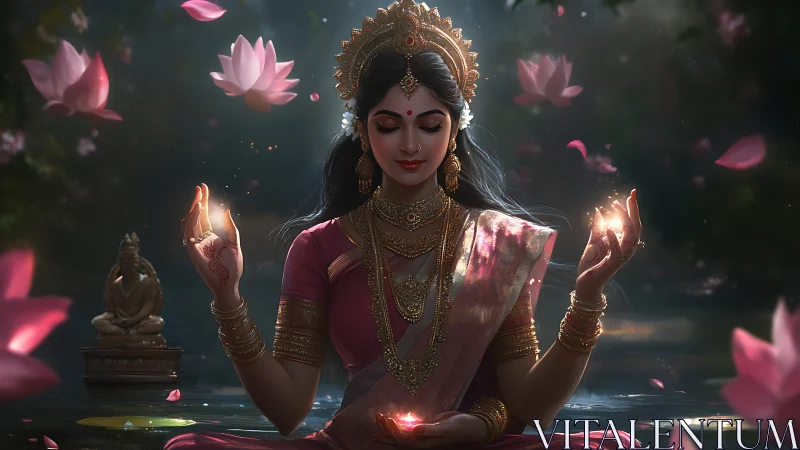 Serene woman in ornate attire meditating amid lotus flowers.