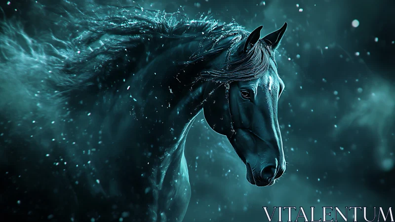 Dark horse portrait in teal mist with particle effects.