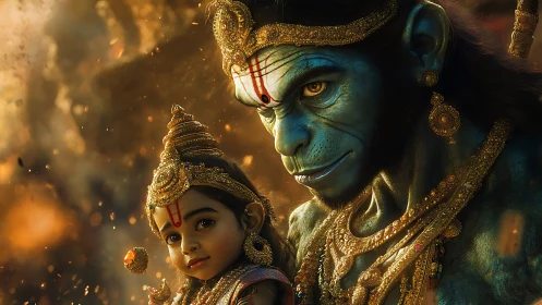 Divine guardian cradles child amid glowing mythic embers