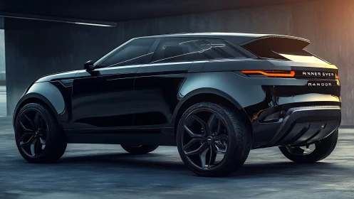 Sleek black crossover SUV parked in modern concrete garage.