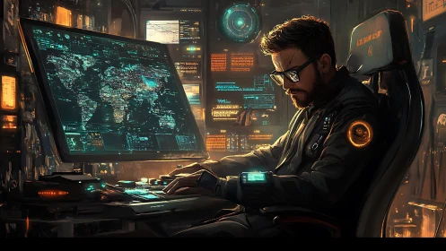 Cyberpunk command console with tactical data visualization focus.