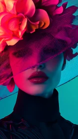 Neon-lit portrait with floral fascinator and sculpted color fields.