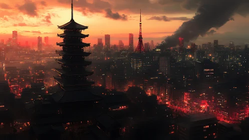 Neon dusk over burning Tokyo skyline and ancient pagoda.