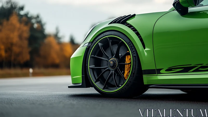 Green sports car detail with wheel and brake focus shot.