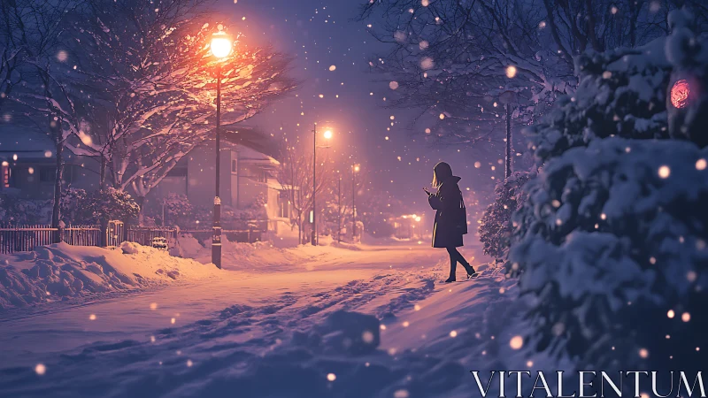 Snowy winter street with lone pedestrian under warm lamplight.
