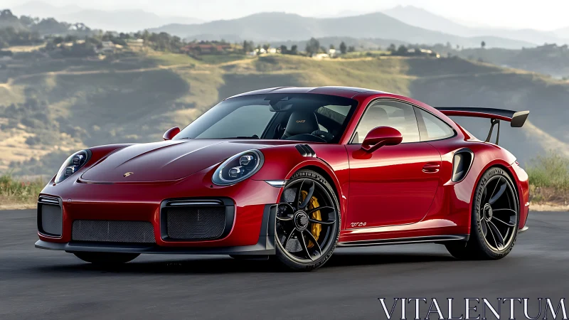 Red high-performance sports coupe on mountain roadway.