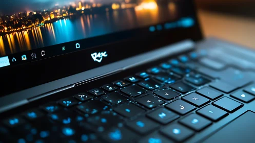 Neon city laptop keys shimmering like midnight rainstorms.