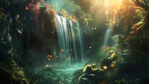 Sunlit fae falls pour magic light into jade forest pool.