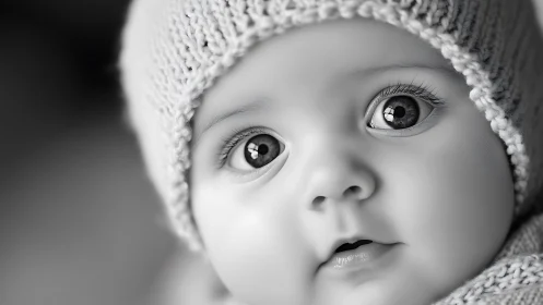 Monochromatic infant portrait with knit headwear and dimensional eye catchlights