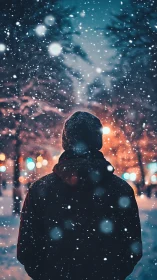 Backlit winter figure in urban snowfall bokeh field study.