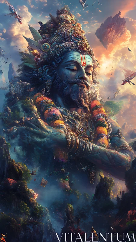 Celestial blue deity rests above floating mountains in mist
