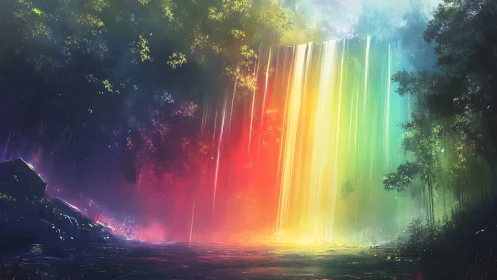 Prismatic forest waterfall pouring liquid daylight.