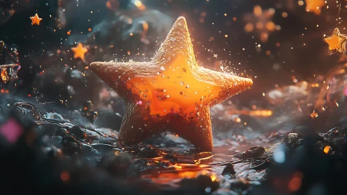 Luminous molten star form in particulate liquid environment.