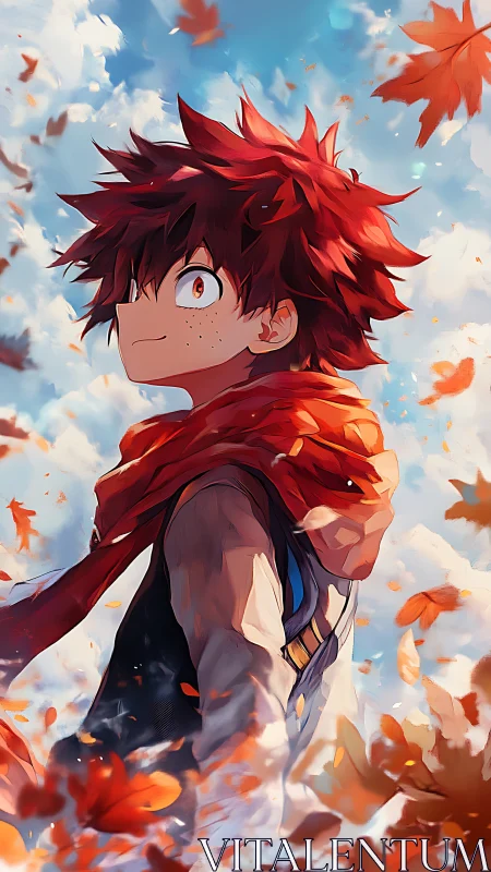 Crimson-haired dreamer strides through windswept autumn sky.