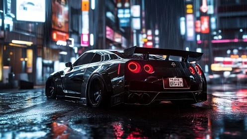 Black sports car on wet neon city street at night period