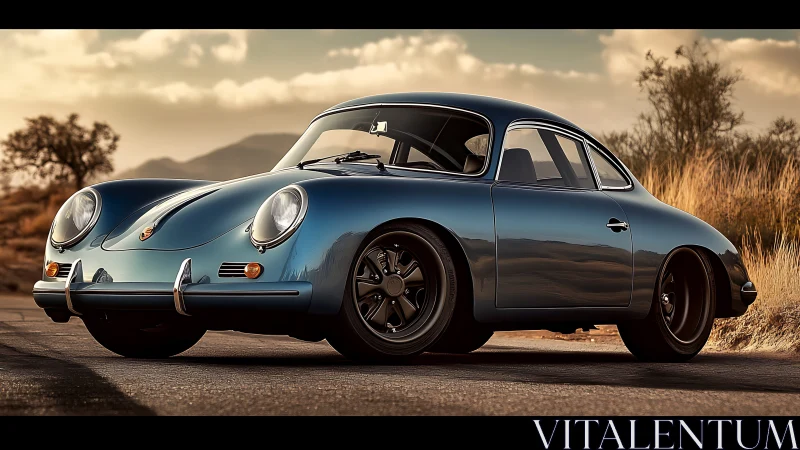 Classic silver coupe on rural roadside at sunset time.