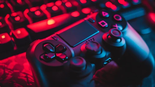 Gaming controller glows under neon red backlit keyboard.