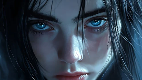 Intense icy stare in hyperreal blue-toned portrait close-up.