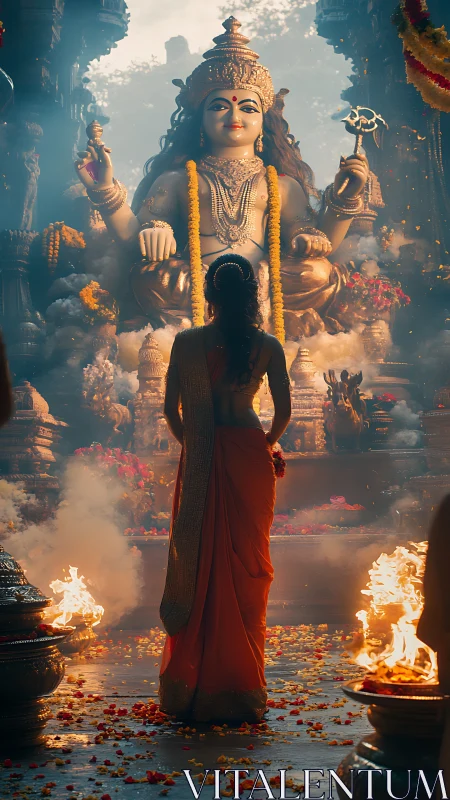 Woman stands before large deity statue in smoky temple interior