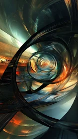 Layered metallic tunnel with spiraling reflective structures.