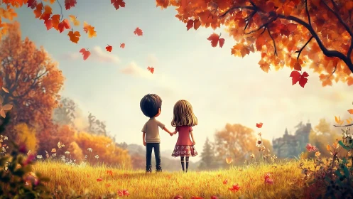 Children Hold Hands in Golden Autumn Field.
