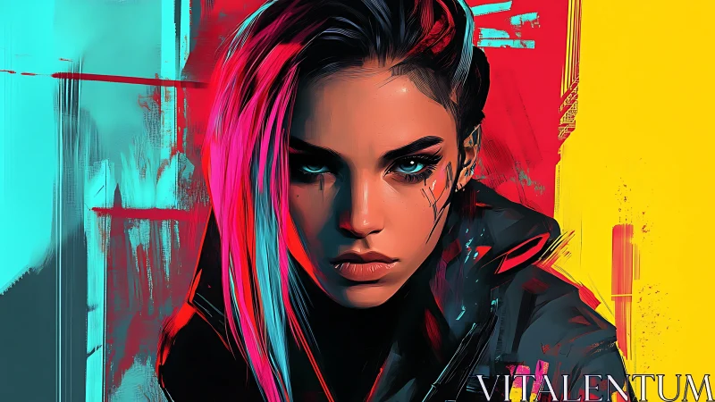 Cyberpunk portrait with neon chromatic blocking and hard-edged brushwork.