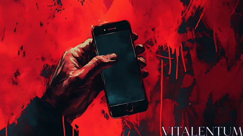 Hand holding smartphone against abstract red painted background