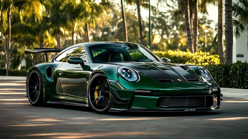 Green Porsche GT sports car parked on sunny palm street.
