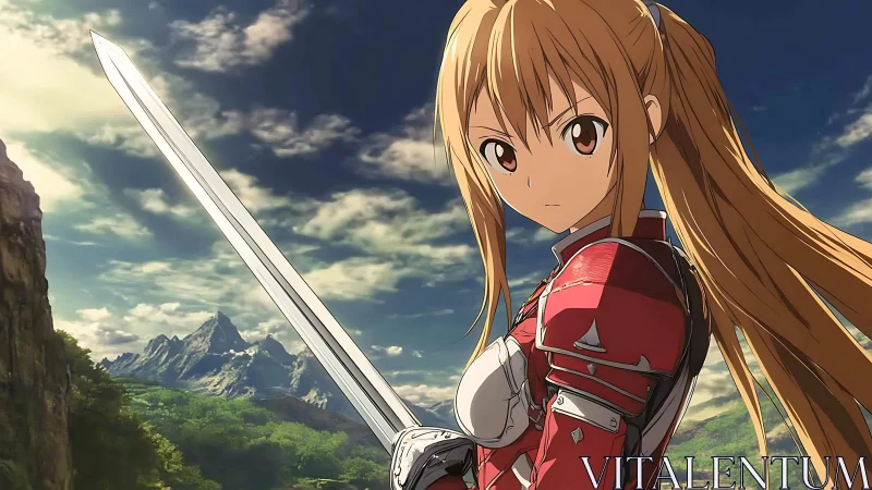 Anime swordswoman stands in red armor before distant mountains