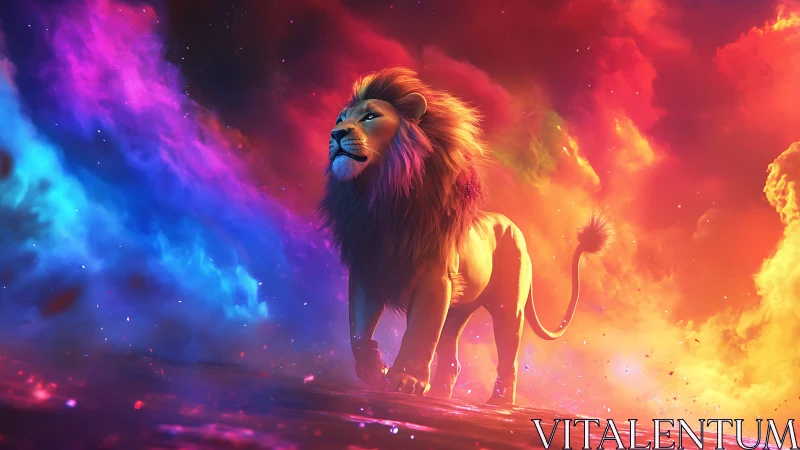 Lion silhouette in vivid nebula-like multicolored clouds.