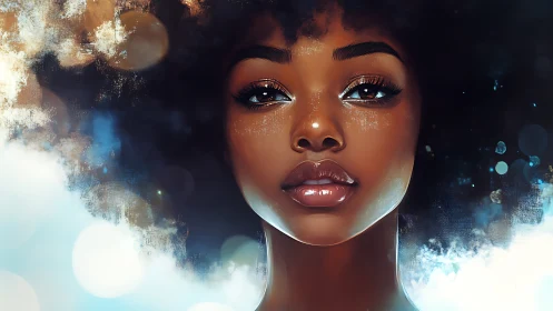 Luminous digital portrait of woman framed by cosmic bokeh.