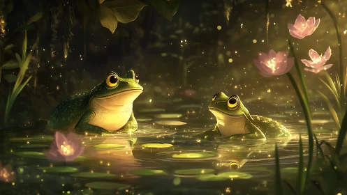 Two frogs in luminous pond with fireflies and flowers.
