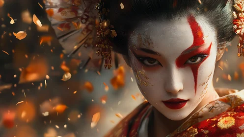 Cinematic geisha portrait with red warpaint and falling petals