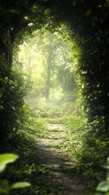 Forest tunnel of verdant foliage glowing with ethereal light.