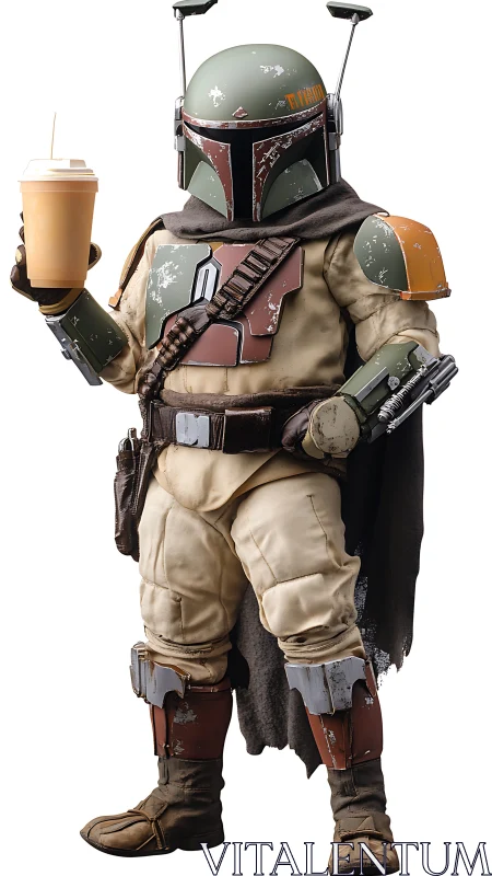 Photorealistic armored bounty hunter holding drink, full-length.
