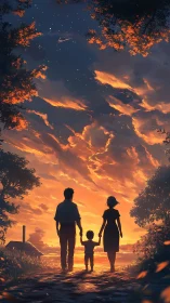 Silhouetted family walks toward vivid orange sunset sky.