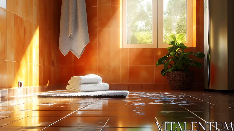 Sunlit orange-tiled bathroom floor with reflective wet surface.