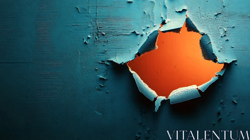 Blue painted surface shows irregular tear revealing orange void