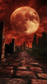 Blood-red moon rising above a lonely broken stone road.