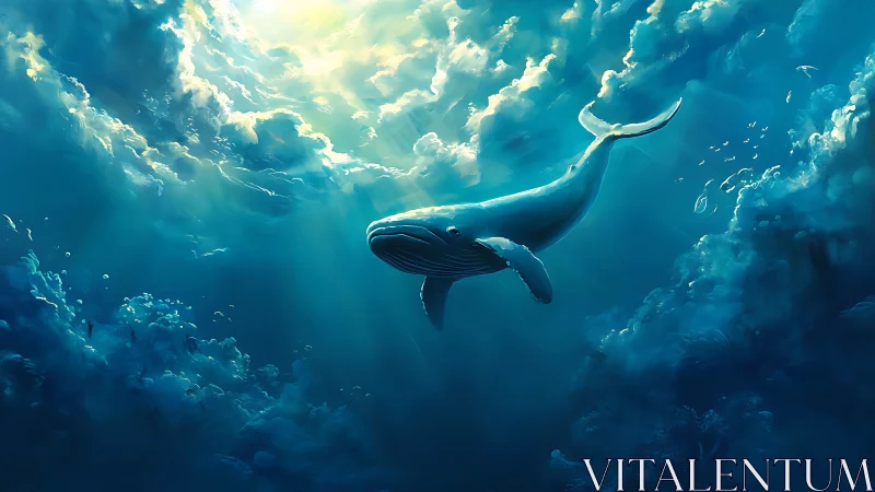 Majestic blue whale glides beneath radiant ocean light.